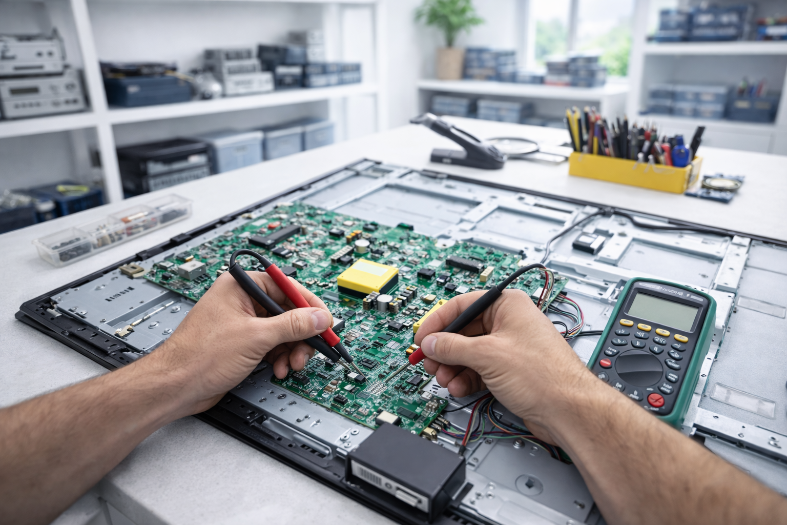 Técnico reparando una placa electrónica